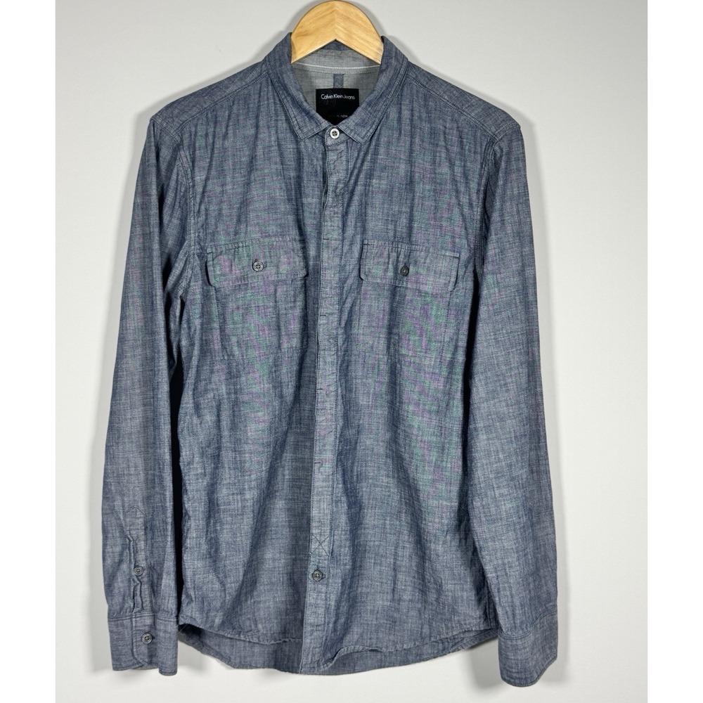 Calvin Klein Jeans Mens Chambray Denim Shirt Long Sleeve‎ Button Front L